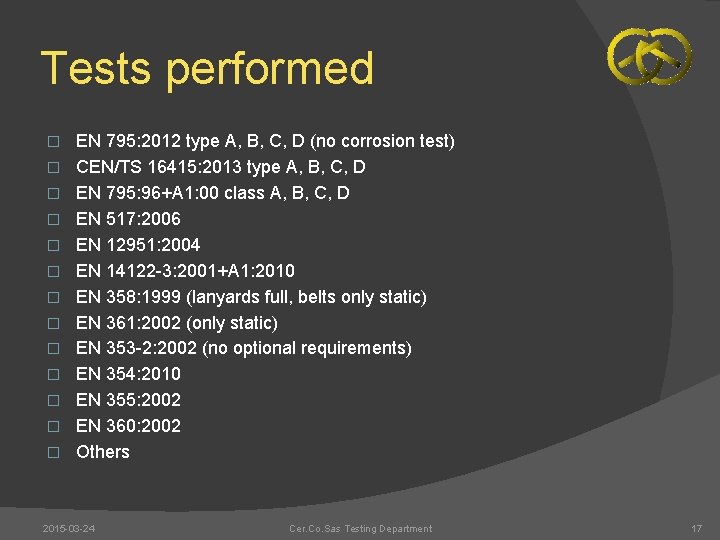 Tests performed � � � � EN 795: 2012 type A, B, C, D