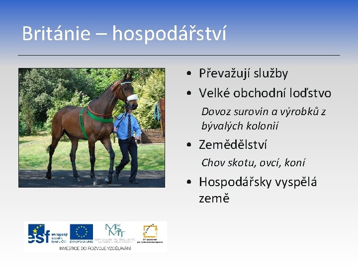 Británie – hospodářství • Převažují služby • Velké obchodní loďstvo Dovoz surovin a výrobků