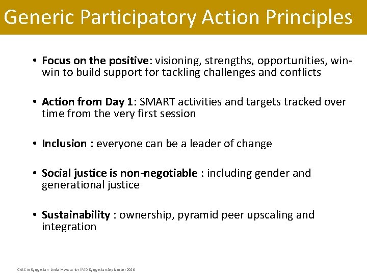 Generic Participatory Action Principles • Focus on the positive: visioning, strengths, opportunities, winwin to