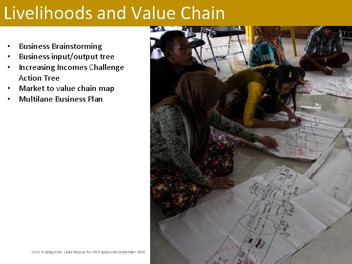 Livelihoods and Value Chain • Business Brainstorming • Business input/output tree • Increasing Incomes