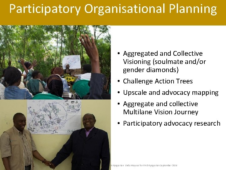 Participatory Organisational Planning • Aggregated and Collective Visioning (soulmate and/or gender diamonds) • Challenge