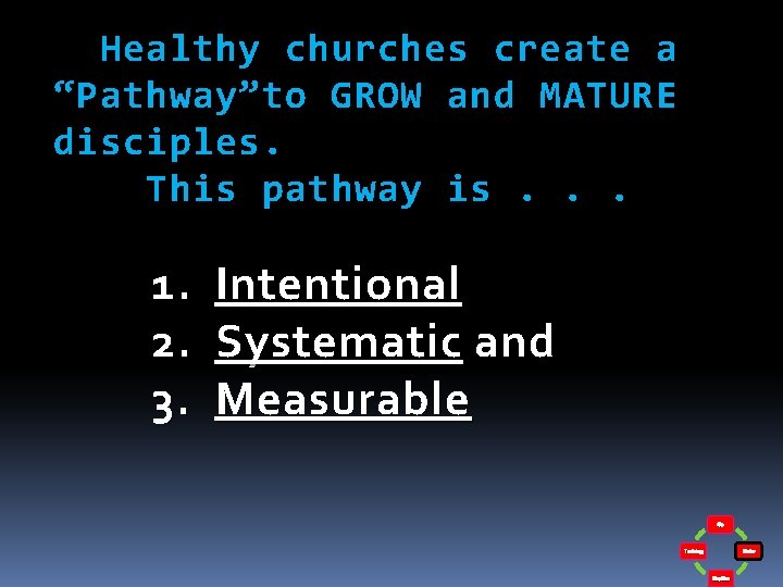 Healthy churches create a “ Pathway”to GROW and MATURE disciples. This pathway is. .