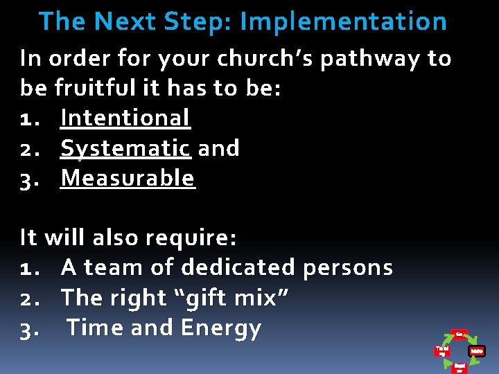The Next Step: Implementation In order for your church’s pathway to be fruitful it
