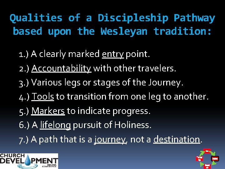 Qualities of a Discipleship Pathway based upon the Wesleyan tradition: 1. ) A clearly