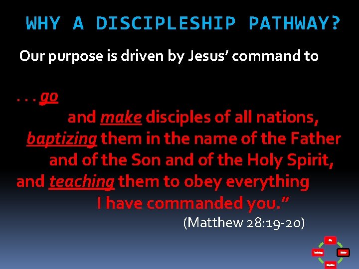 WHY A DISCIPLESHIP PATHWAY? Our purpose is driven by Jesus’ command to. . .