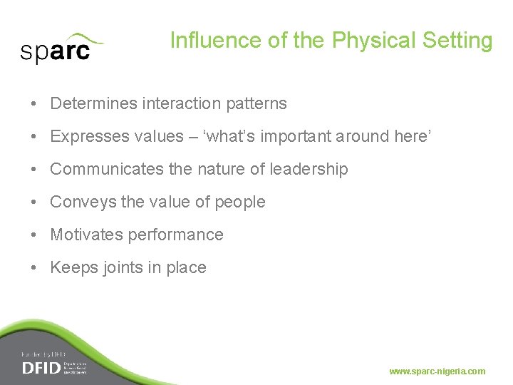 Influence of the Physical Setting • Determines interaction patterns • Expresses values – ‘what’s