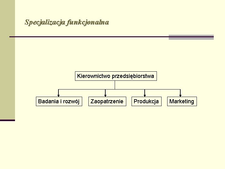 Specjalizacja funkcjonalna Kierownictwo przedsiębiorstwa Badania i rozwój Zaopatrzenie Produkcja Marketing 