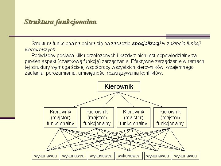 Struktura funkcjonalna opiera się na zasadzie specjalizacji w zakresie funkcji kierowniczych. Podwładny posiada kilku