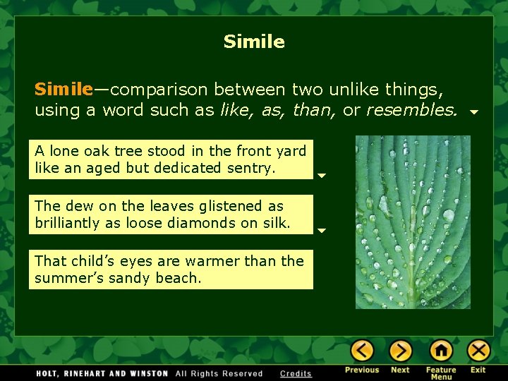 Simile—comparison between two unlike things, using a word such as like, as, than, or