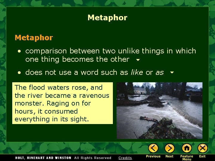 Metaphor • comparison between two unlike things in which one thing becomes the other