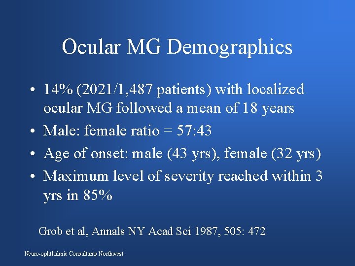 Ocular MG Demographics • 14% (2021/1, 487 patients) with localized ocular MG followed a