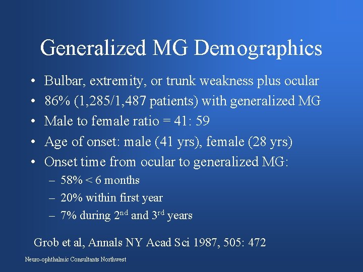 Generalized MG Demographics • • • Bulbar, extremity, or trunk weakness plus ocular 86%