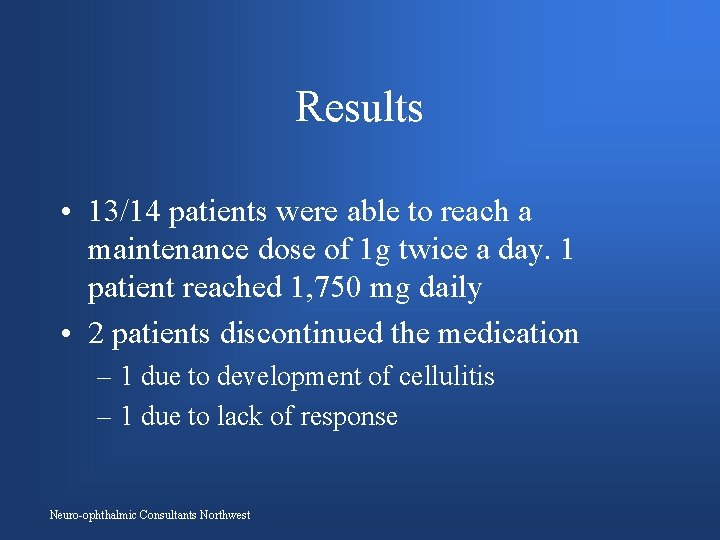 Results • 13/14 patients were able to reach a maintenance dose of 1 g