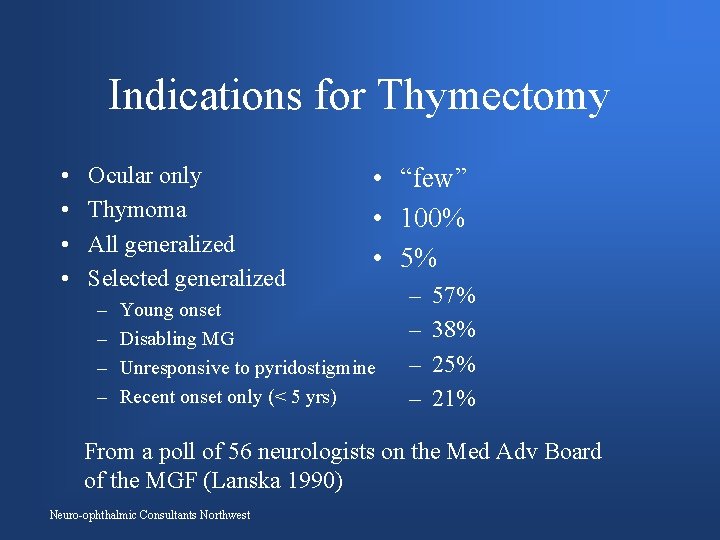 Indications for Thymectomy • • Ocular only Thymoma All generalized Selected generalized – –