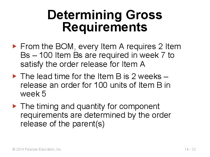 Determining Gross Requirements ▶ From the BOM, every Item A requires 2 Item Bs