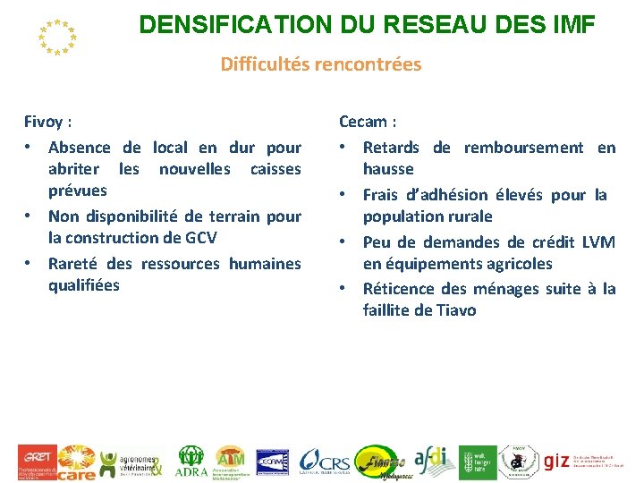 DENSIFICATION DU RESEAU DES IMF Difficultés rencontrées Fivoy : • Absence de local en