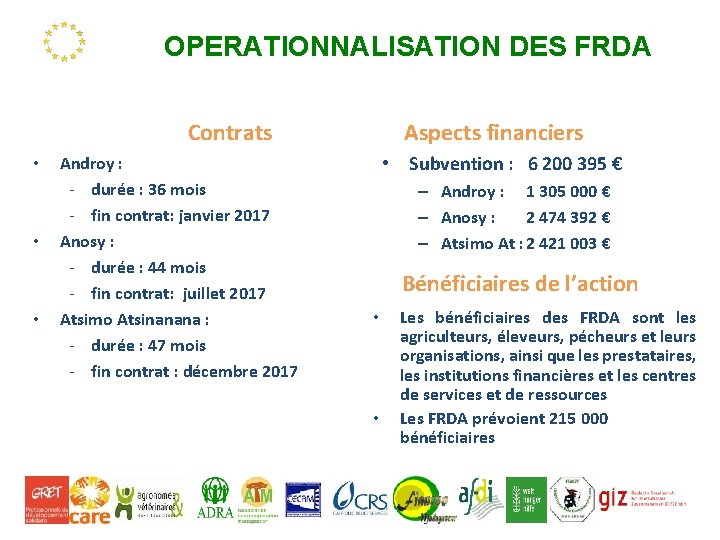 OPERATIONNALISATION DES FRDA Aspects financiers Contrats • • • Androy : - durée :