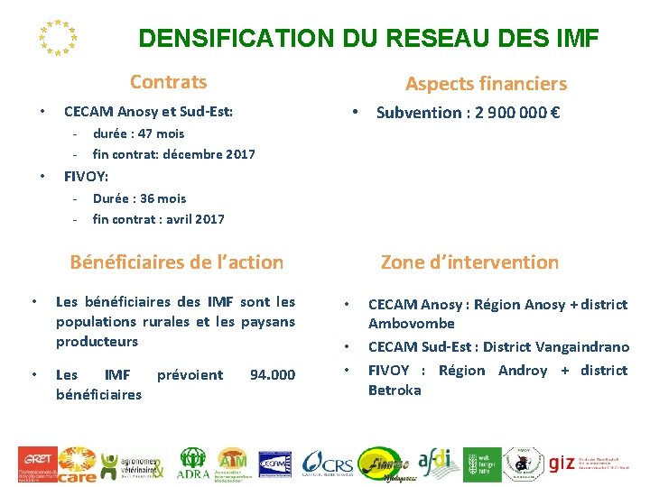 DENSIFICATION DU RESEAU DES IMF Contrats • • Subvention : 2 900 000 €