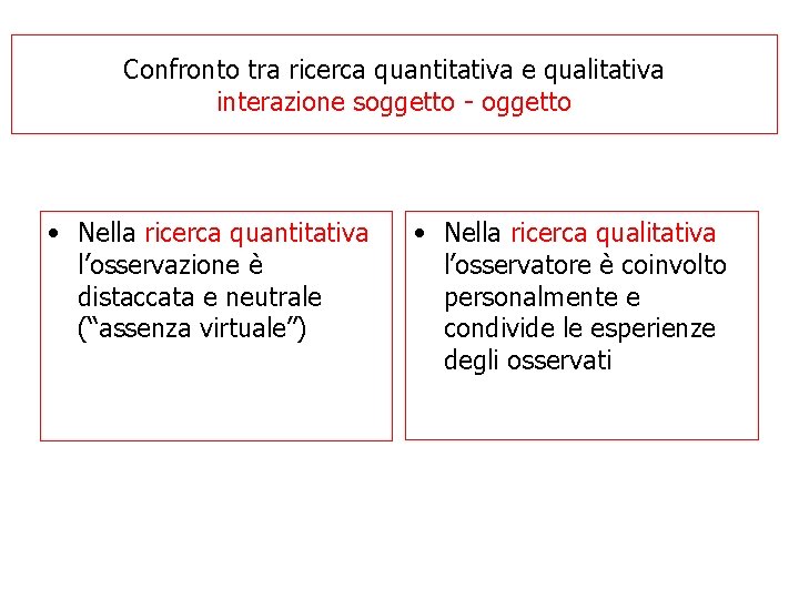 Confronto tra ricerca quantitativa e qualitativa interazione soggetto - oggetto • Nella ricerca quantitativa