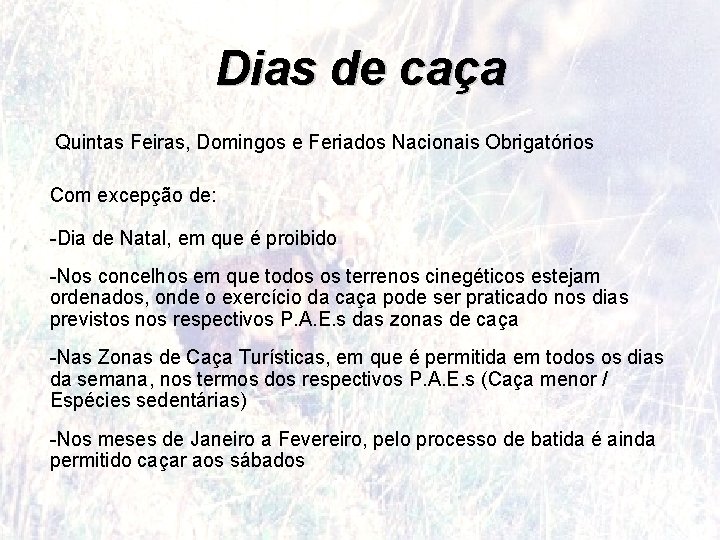 Dias de caça Quintas Feiras, Domingos e Feriados Nacionais Obrigatórios Com excepção de: -Dia