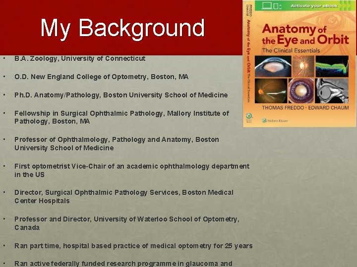 My Background • B. A. Zoology, University of Connecticut • O. D. New England My Background • B. A. Zoology, University of Connecticut • O. D. New England