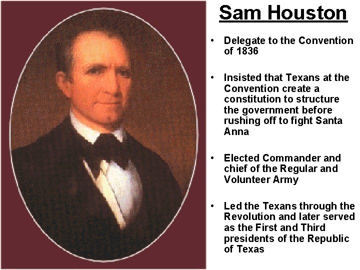 Sam Houston • Delegate to the Convention of 1836 • Insisted that Texans at
