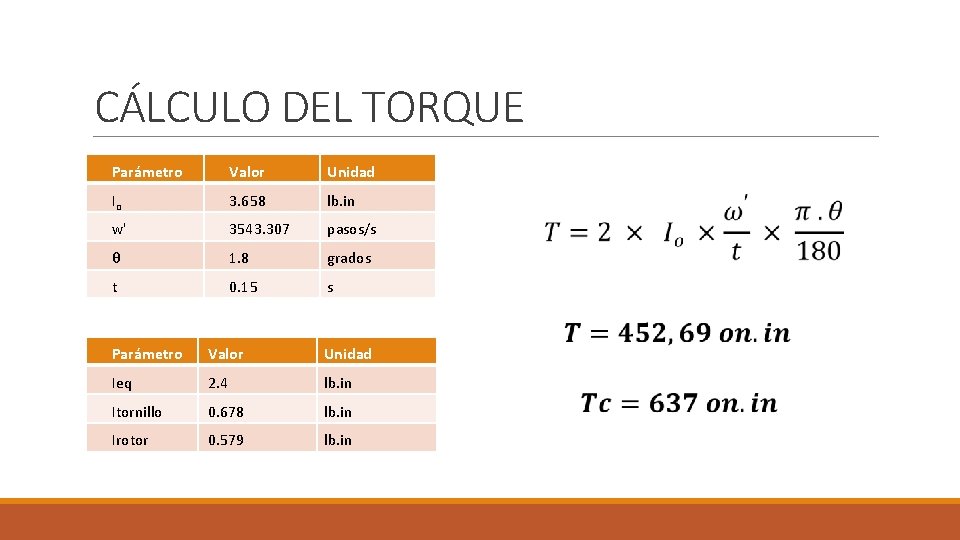 CÁLCULO DEL TORQUE Parámetro Valor Unidad Io 3. 658 lb. in w' 3543. 307