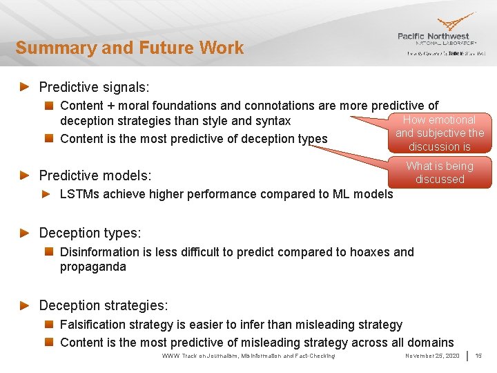 Summary and Future Work Predictive signals: Content + moral foundations and connotations are more