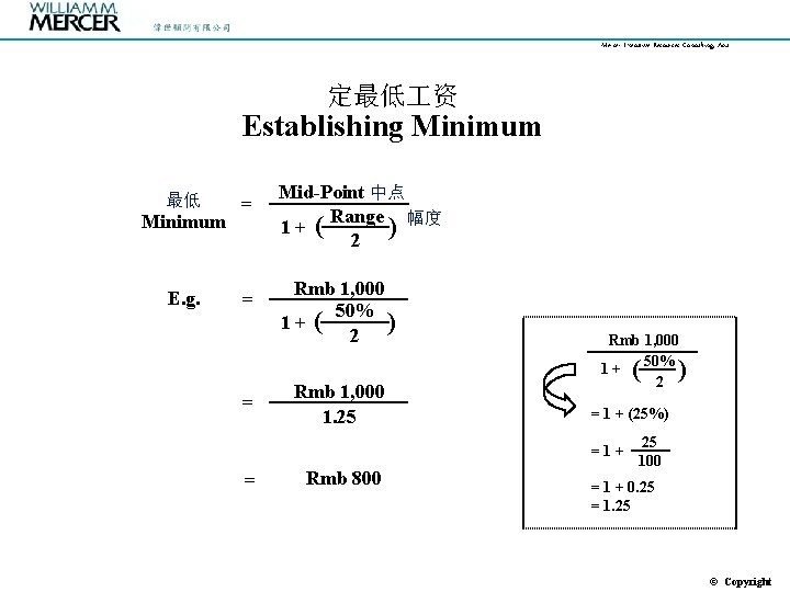 Mercer Executive Resources Consulting, Asia 定最低 资 Establishing Minimum = = Rmb 1, 000