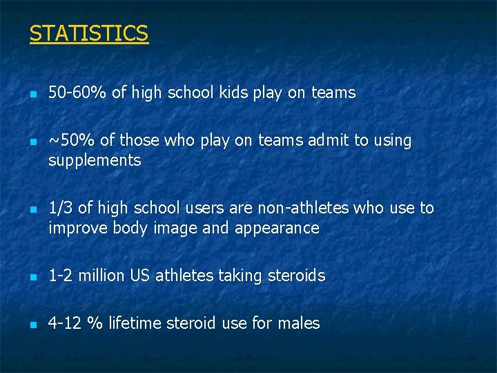 STATISTICS n n n 50 -60% of high school kids play on teams ~50%