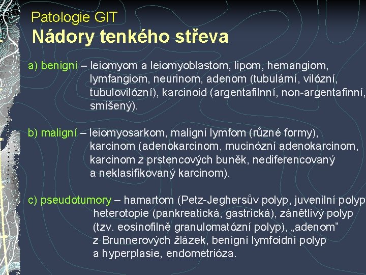 Patologie GIT Nádory tenkého střeva a) benigní – leiomyom a leiomyoblastom, lipom, hemangiom, lymfangiom, Patologie GIT Nádory tenkého střeva a) benigní – leiomyom a leiomyoblastom, lipom, hemangiom, lymfangiom,