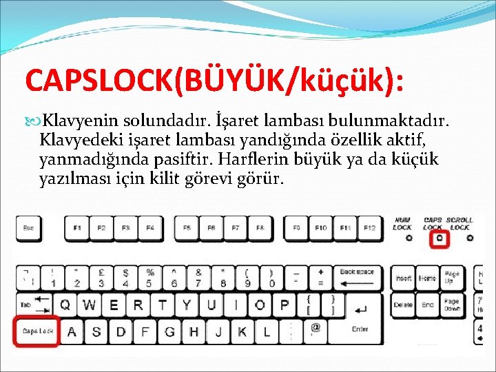 CAPSLOCK(BÜYÜK/küçük): Klavyenin solundadır. İşaret lambası bulunmaktadır. Klavyedeki işaret lambası yandığında özellik aktif, yanmadığında pasiftir. CAPSLOCK(BÜYÜK/küçük): Klavyenin solundadır. İşaret lambası bulunmaktadır. Klavyedeki işaret lambası yandığında özellik aktif, yanmadığında pasiftir.
