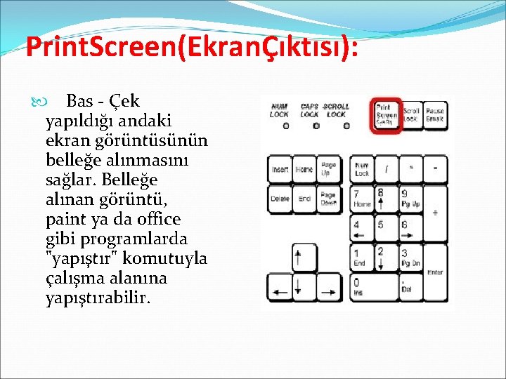 Print. Screen(EkranÇıktısı): Bas - Çek yapıldığı andaki ekran görüntüsünün belleğe alınmasını sağlar. Belleğe alınan