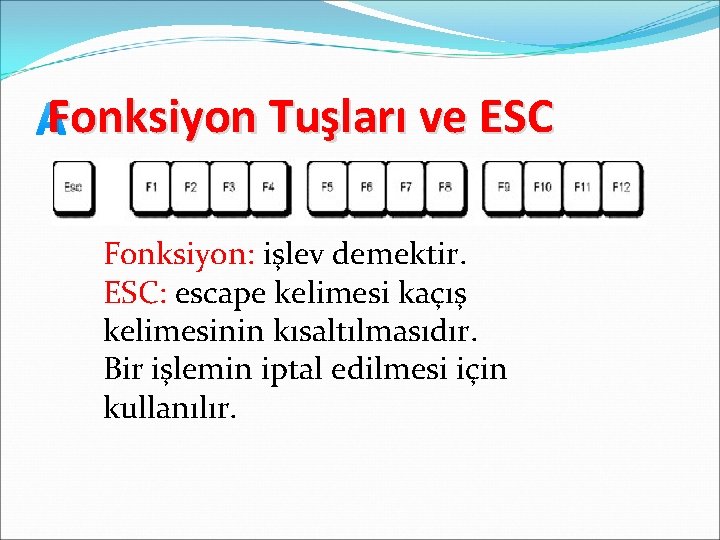 Fonksiyon Tuşları ve ESC Fonksiyon: işlev demektir. ESC: escape kelimesi kaçış kelimesinin kısaltılmasıdır. Bir