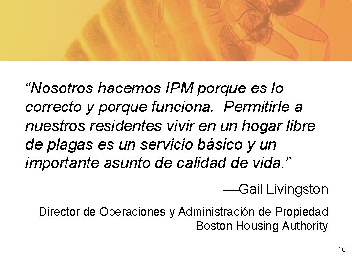 “Nosotros hacemos IPM porque es lo correcto y porque funciona. Permitirle a nuestros residentes