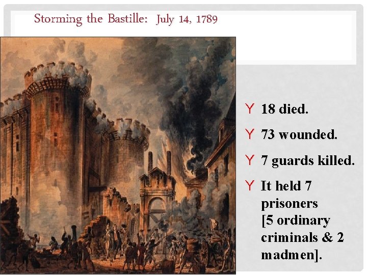 Storming the Bastille: July 14, 1789 Y 18 died. Y 73 wounded. Y 7