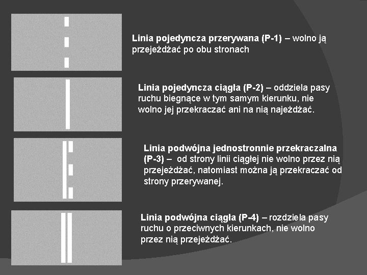 Linia pojedyncza przerywana (P-1) – wolno ją przejeżdżać po obu stronach Linia pojedyncza ciągła