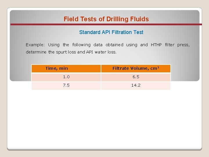 Field Tests of Drilling Fluids Standard API Filtration Test Example: Using the following data