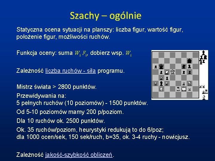 Szachy – ogólnie Statyczna ocena sytuacji na planszy: liczba figur, wartość figur, położenie figur,