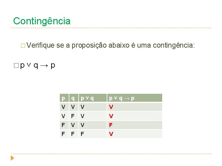 Contingência � Verifique se a proposição abaixo é uma contingência: � p ˅ q Contingência � Verifique se a proposição abaixo é uma contingência: � p ˅ q