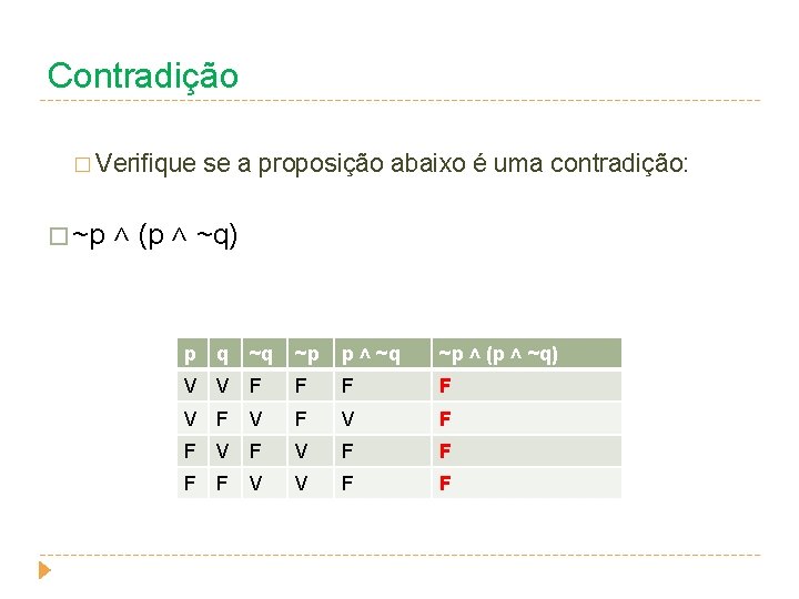 Contradição � Verifique se a proposição abaixo é uma contradição: � ~p ˄ (p