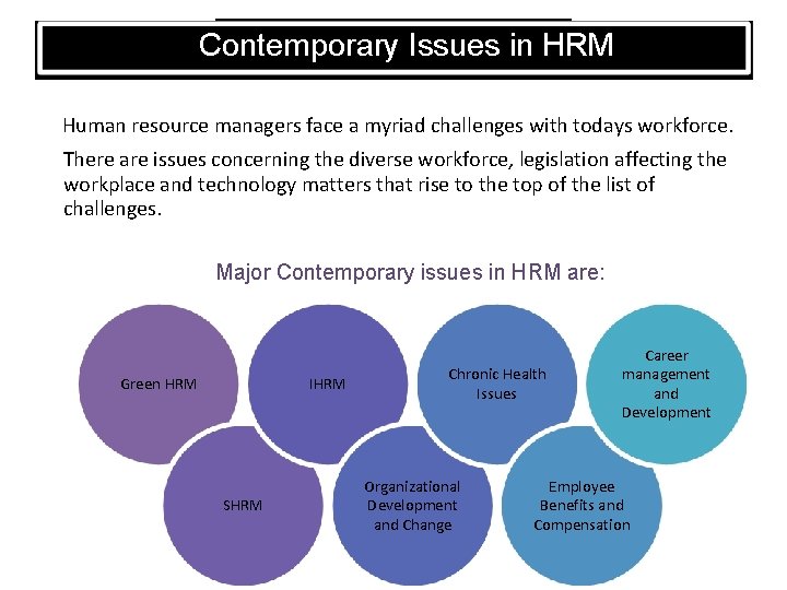 Contemporary Issues in HRM Human resource managers face a myriad challenges with todays workforce.