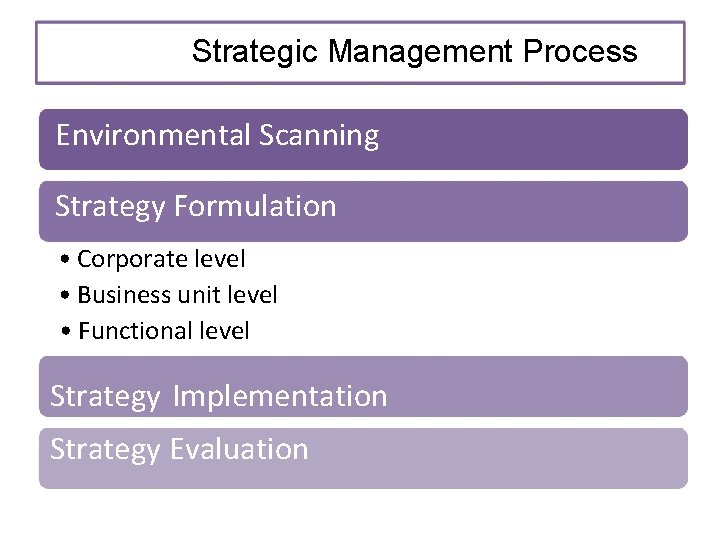 Strategic Management Process Environmental Scanning Strategy Formulation • Corporate level • Business unit level