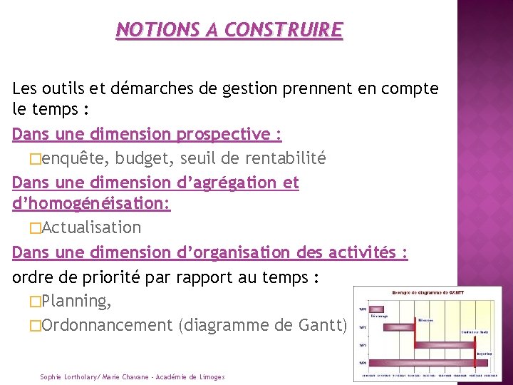 NOTIONS A CONSTRUIRE Les outils et démarches de gestion prennent en compte le temps