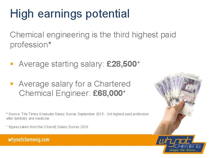 High earnings potential Chemical engineering is the third highest paid profession* § Average starting