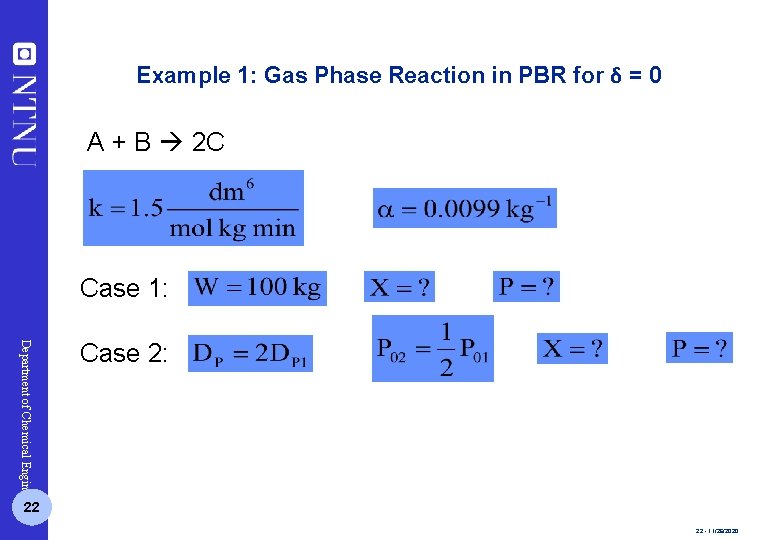 Example 1: Gas Phase Reaction in PBR for δ = 0 A + B