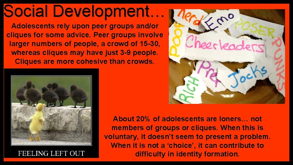 Social Development… Adolescents rely upon peer groups and/or cliques for some advice. Peer groups