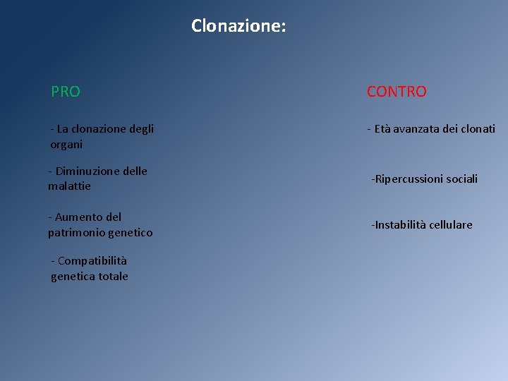 Clonazione: PRO CONTRO - La clonazione degli organi - Età avanzata dei clonati -