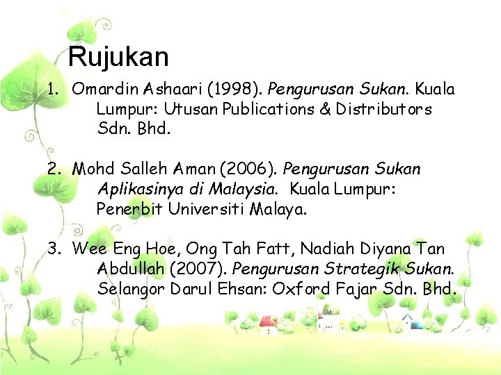 Rujukan 1. Omardin Ashaari (1998). Pengurusan Sukan. Kuala Lumpur: Utusan Publications & Distributors Sdn.