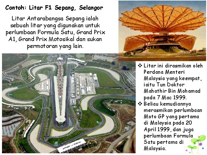 Contoh: Litar F 1 Sepang, Selangor Litar Antarabangsa Sepang ialah sebuah litar yang digunakan